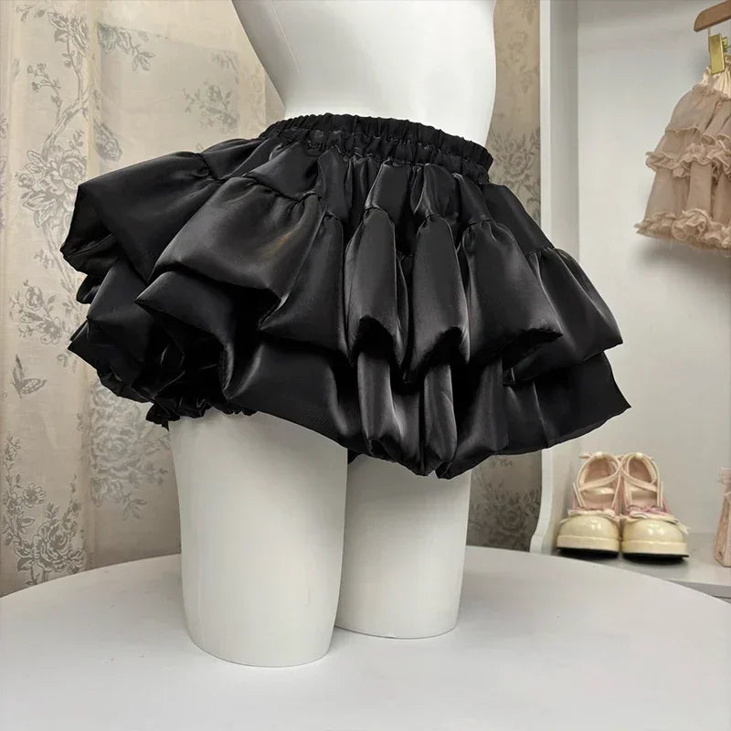 Sweet Elastic Waist Short Skirt Chic Ruffle Cake Princess Satin Puffy Skirt