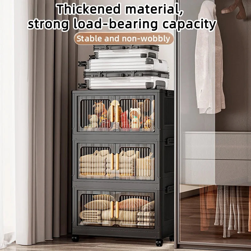Foldable Clear Double-Door Storage Cabinet Large Space-Saving Mobile Organizer Dustproof Moisture-Proof for Kitchen Living Room