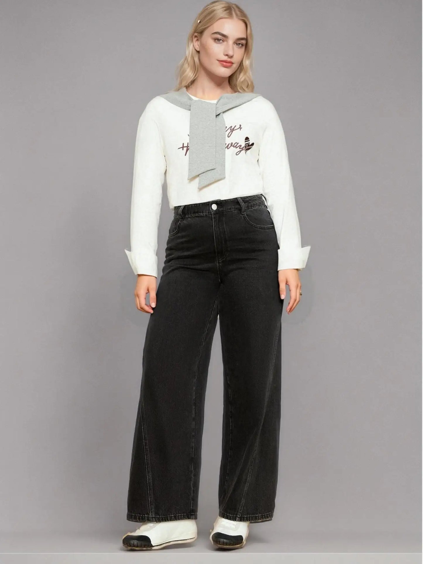 DUSHU Plus Size Women's High Waisted Jeans Women's 2025 Spring New Style Wide Leg Jeans Long Pants 25DS81044+25DS81163