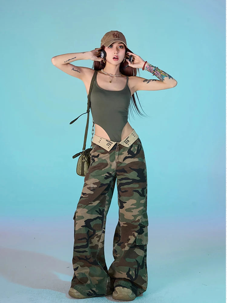 Green Women Jeans High Waist Fashion American Camouflage Y2K Streetwear Chic Wide Leg Jean Female Trouser Baggy Denim Pants