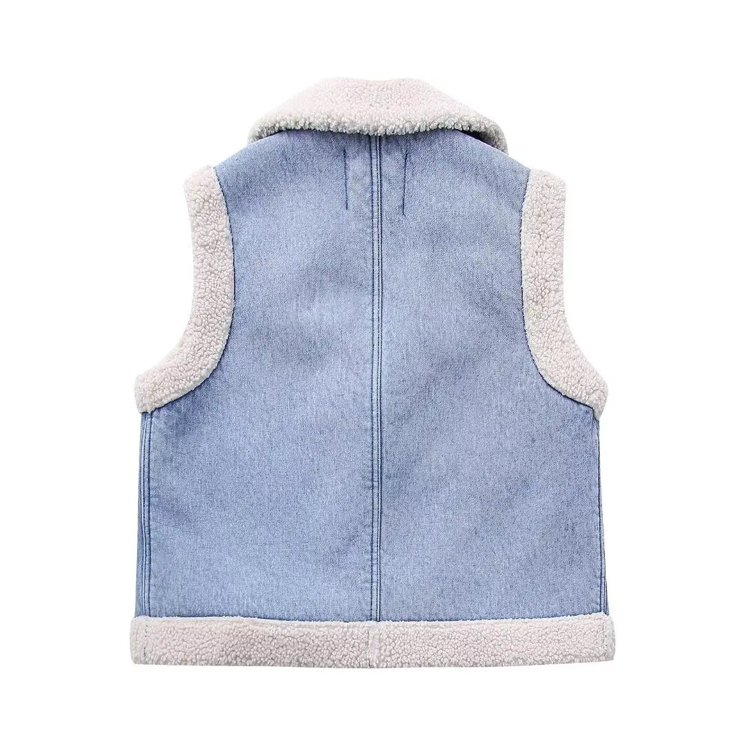 New Women Fashion Turn Down Collar Lamb PatchworkWashed Denim Vest Jacket Female Sleeveless Pockets WaistCoat Tops CT5477