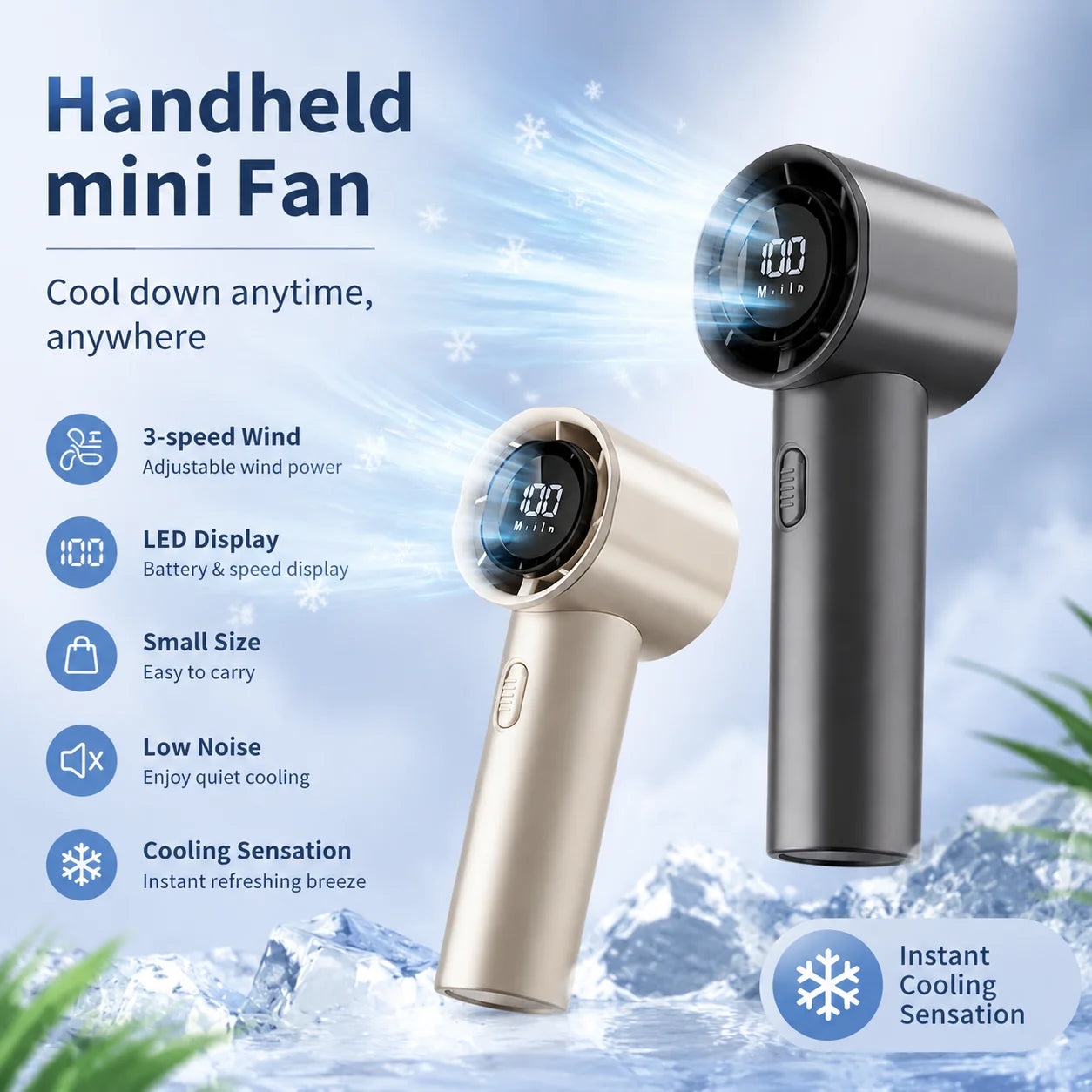 Portable Mini Handheld Fan with LED Display Semiconductor Refrigeration 100 Speeds USB Rechargeable Battery Outdoor Fan