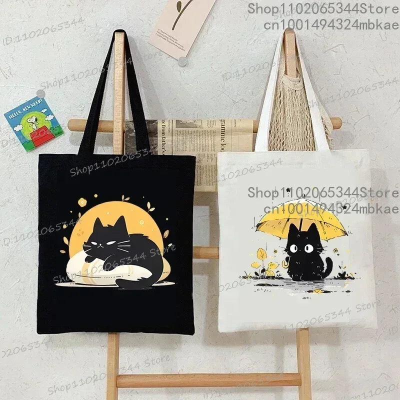 Kawaii Black Cat Graphic Handbags for Women Japanese Style Canvas Tote Bag Cartoon Fashion Shoulder Bag for Women Kitten Bag