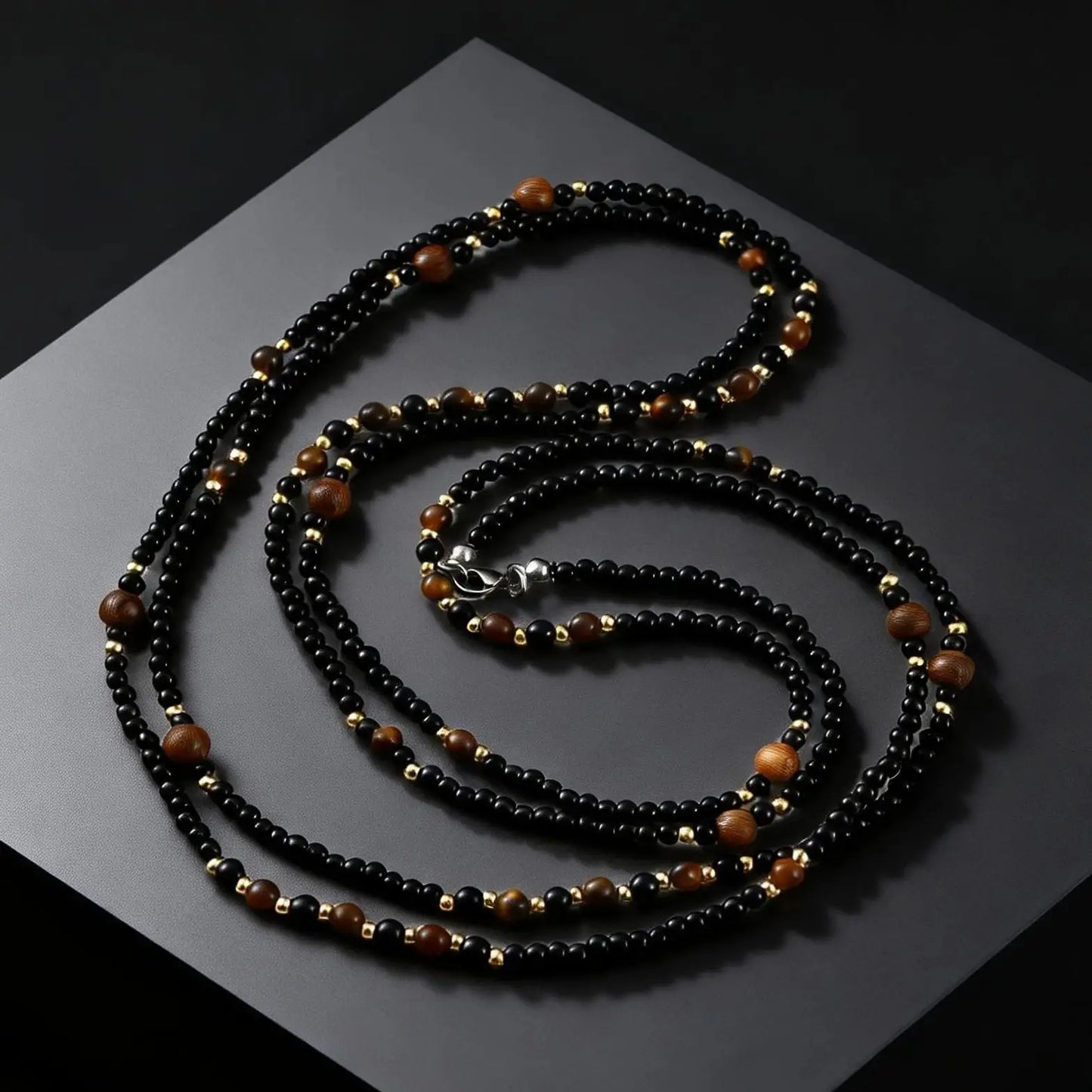 Black Agate Natural Stone Tiger Eye Beads Chain Necklace for Men, Retro Long Sweater Chain Necklace, Fashion Boho Jewelry Gift