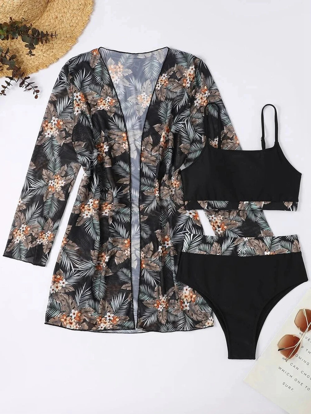 Hot Selling Women Bikini 3 Pieces Suit Black/Green/Red Bikini Sets With Long Sleeved Cover Ups High Quality Size Small-XXLarge