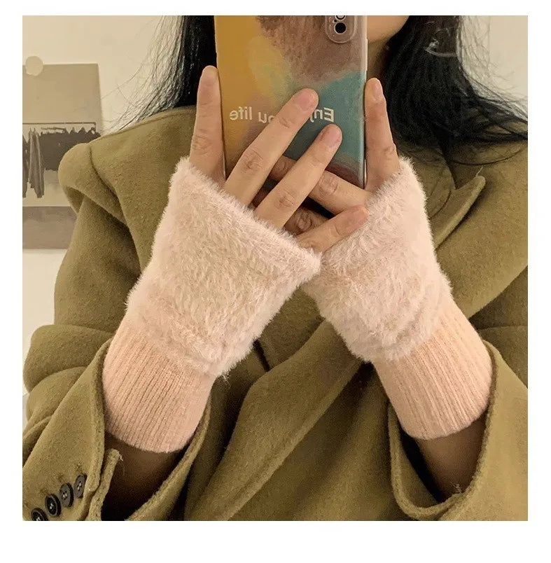 Women's Knitted Fingerless Gloves Touchscreen Thermal Plush Gloves for Autumn Winter Non-Slip Grip