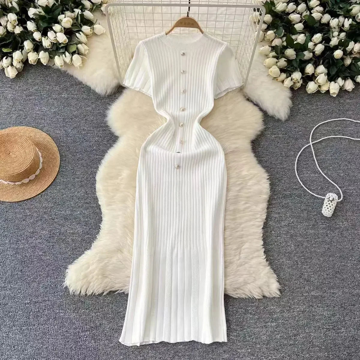 Chic O-neck Elegant Short Sleeve Slim Single Breasted Knit Dress High Street Women Vintage Korean Office Lady Casual Clothing