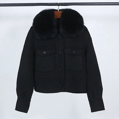 Wool Women Fur Coat New Autumn Winter Real Fox Fur Collar 10% Cashmere 90% Wool Fur Jacket Short Casual Loose Wool Coat