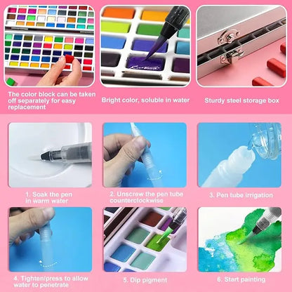 The 50/72/90/100/128/168 watercolor paint set includes a palette, brushes, drawing pens, professional painting supplies