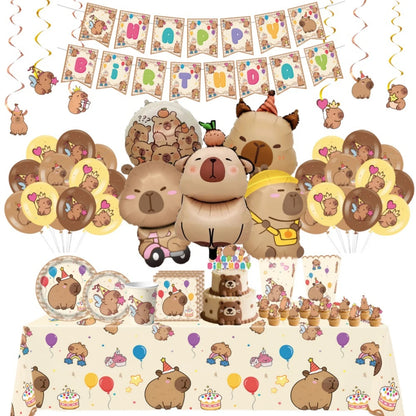 Cute Capybara Birthday Decorations Balloons Backdrop Tablecloth Stickers Cups Plates for Baby Shower Kids Event Party Supplies