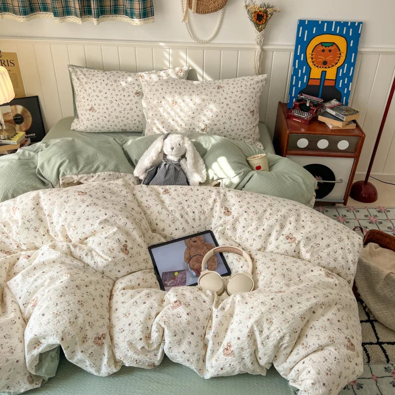 Ins Style Printed All-Cotton Bedding Set Antibacterial Dormitory Bedclothes for Students Comfort Skin-Friendly Home Decoration