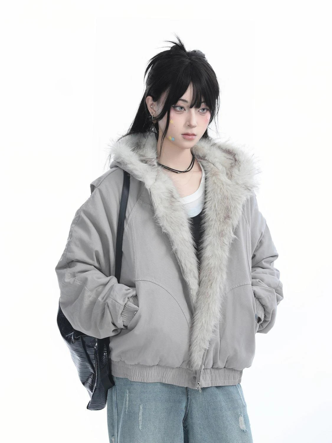 Faux Fur Coats Women American Vintage Jackets  Long Sleeve Hooded Office Lady Trench Winter Clothes Y2k Grey Jackets Streetwear