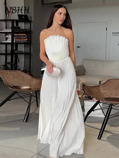 Sexy White Pleated Strapless Dress Women Sleeveless Backless Slim Split Dresses Female 2025 Simmer Lady Party Holiday Robe