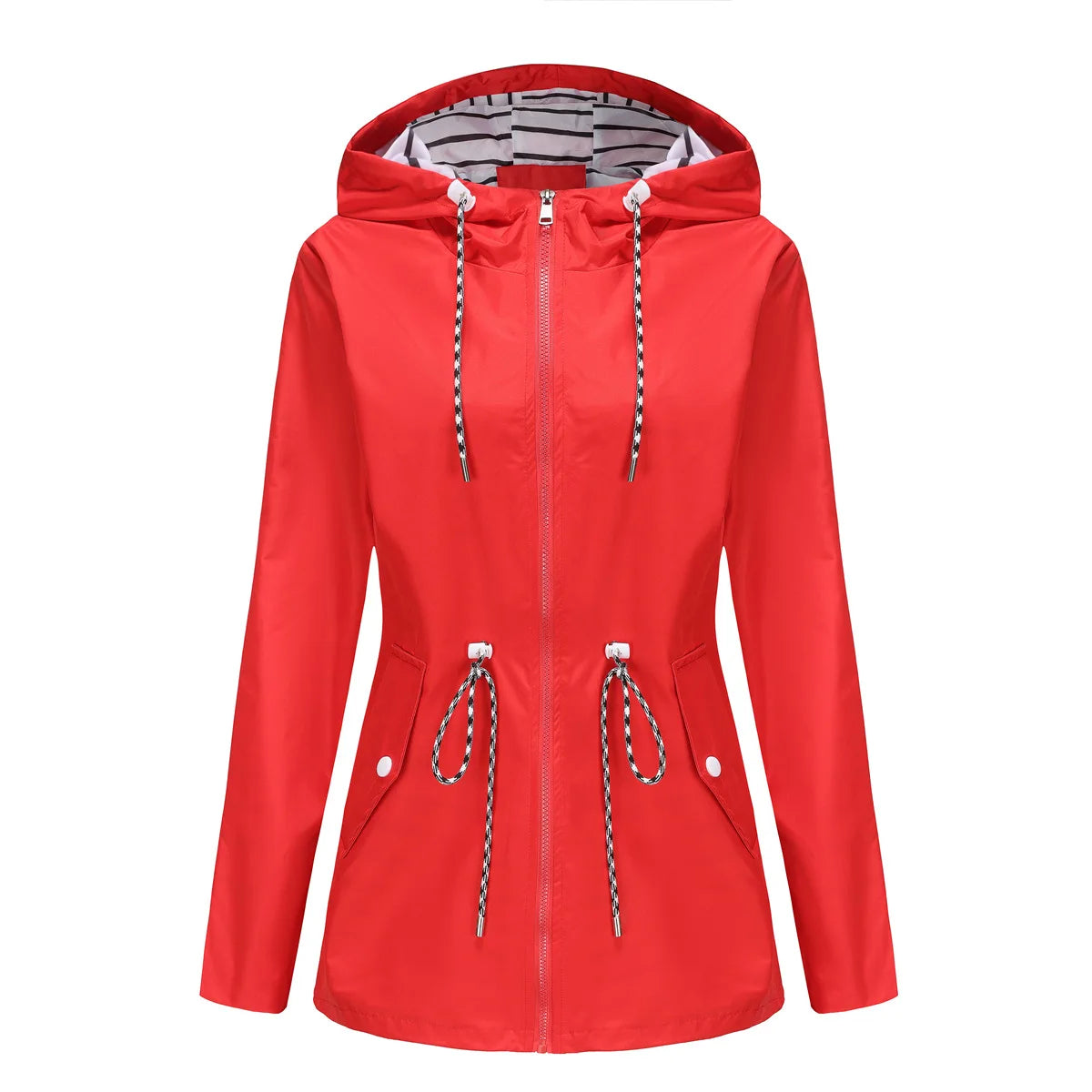 Women Outdoor Windbreaker Casual Loose Hooded Waterproof Raincoat Long Sleeve Solid Color Mid-length Zipper Hiking Jackets