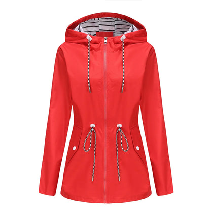 Women Outdoor Windbreaker Casual Loose Hooded Waterproof Raincoat Long Sleeve Solid Color Mid-length Zipper Hiking Jackets