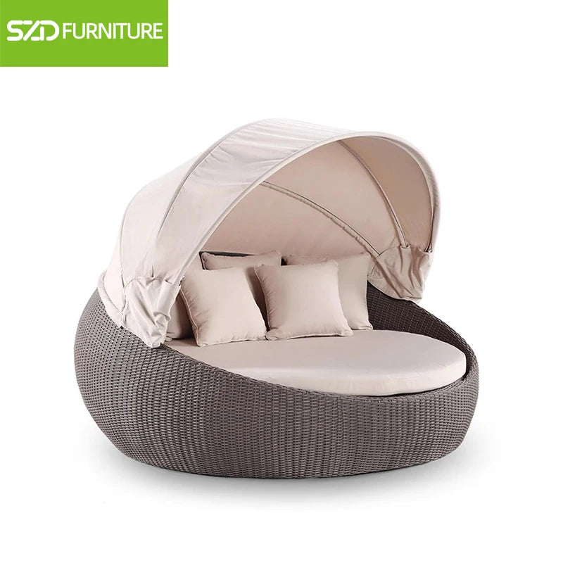 Modern Outdoor Furniture Large Size Curtain Chaise Lounger Antique Canopy Beach Sun Rattan Garden Bed Sun Bed Lounger Round Bed