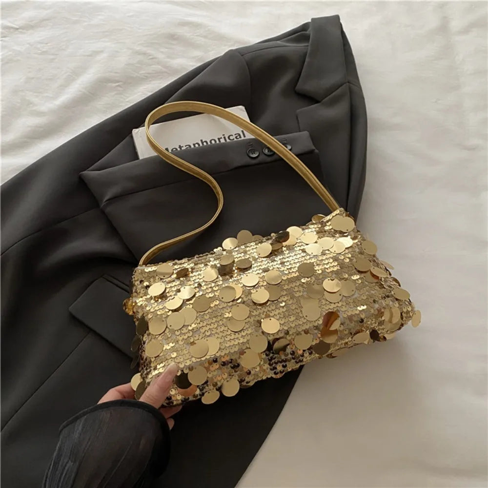 Fashion Lightweight Sequin Shoulder Bags Solid Color Large Capacity Underarm Bag Evening Party Tote Bag Women