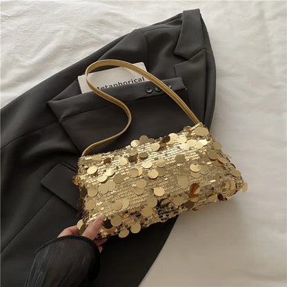 Fashion Lightweight Sequin Shoulder Bags Solid Color Large Capacity Underarm Bag Evening Party Tote Bag Women