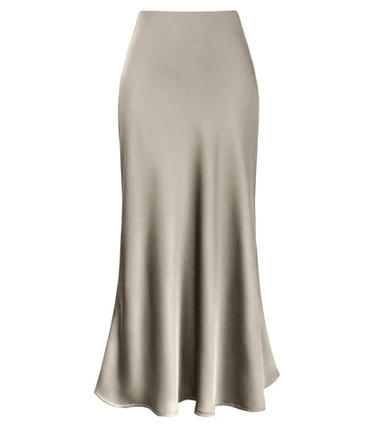 2025 Elegant Faux Silk Satin Skirts for Women High Waist A-line Office Lady  Solid Color Glossy Finish Fishtail Skirt