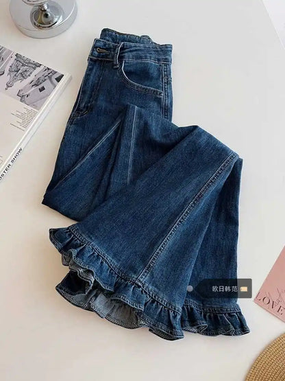 2025 Autumn Winter Women Korean Shoujo Flare Denim Pants Ruffle Blue Vintage High Street 2000s Jeans Y2k Kpop Bell Bottom Design