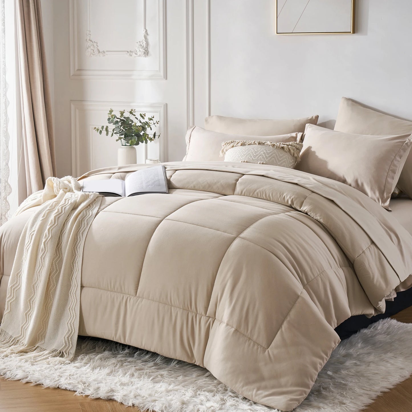 7 Piece Bed In A Bag Comforter Set Queen, Stylish solid geometry   Comforter And Sheet,Pillowcase Set, ideal gift