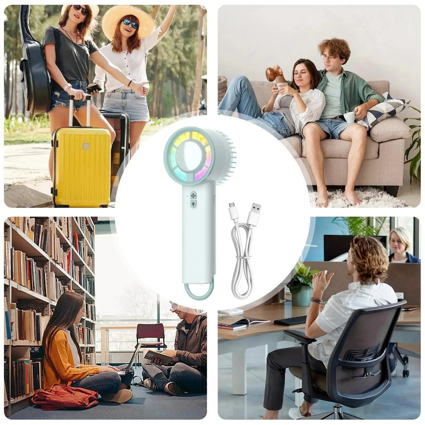 Portable Handheld Electric Fan Powerful 3 Modes Quiet Ventilador with Light for Outdoor Home Tent Trip Desk Car Beach Golf