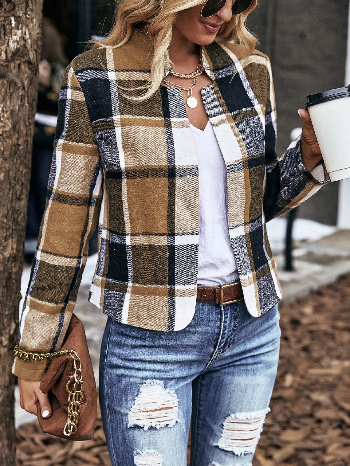 Autumn and winter women's brown patchwork black large grid small stand up collar with open door no short jacket