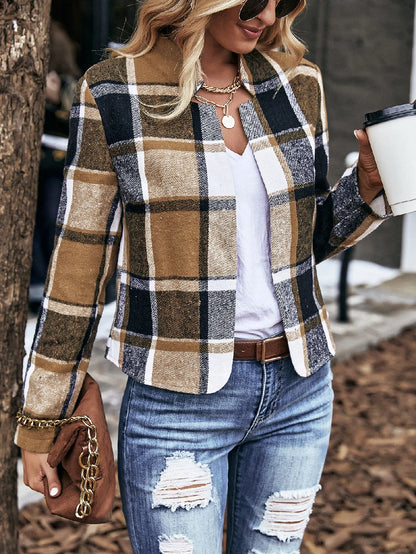 Autumn and winter women's brown patchwork black large grid small stand up collar with open door no short jacket