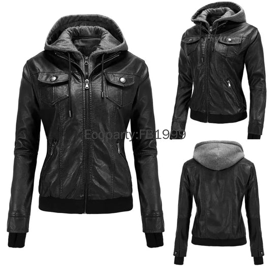2024 Autumn Winter Women's Motorcycle Jacket Black Slim Pu Leather Removable Hooded Zipper Leather Coat Female Casual Outerwear