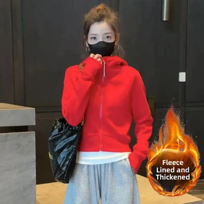 Korean Sle Winter New All-Match Hooded Zipper ort Sweatirt Jaet Thiened Fce Warm Casual Pants Set