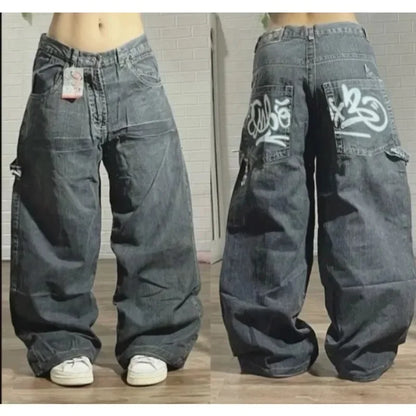 Y2K Gothic Retro Miss Me Boot Cut Jeans Women's Blue Denim Embroidery Cross Pocket Hip Hop Harajuku Wide Pants Street Wear