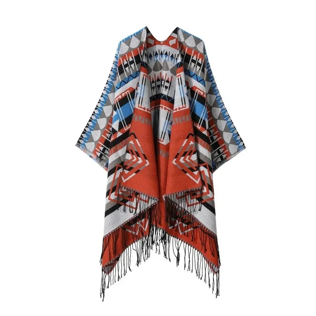 Poncho New Split Warm Shawl Vintage Ethnic Style Scarf Imitation Cashmere Tassel Women Cape Lady Cloak Warm Coat Khaki
