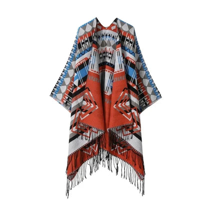 Poncho New Split Warm Shawl Vintage Ethnic Style Scarf Imitation Cashmere Tassel Women Cape Lady Cloak Warm Coat Khaki