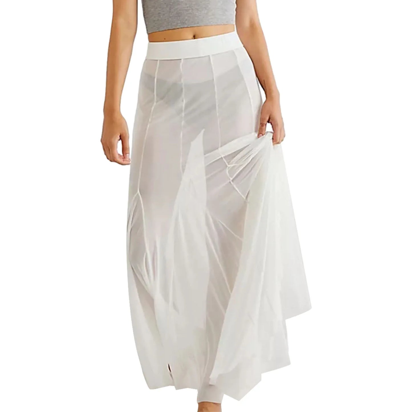 Sexy See Through Sheer Mesh Long Skirts Elastic High Waist Ruffle Hem Flowy Skirts Party A-line Midi Skirts Women Casual Clothes