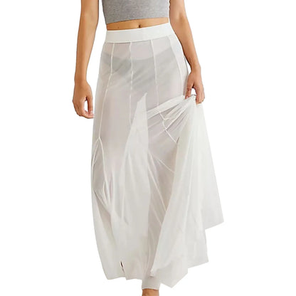 Sexy See Through Sheer Mesh Long Skirts Elastic High Waist Ruffle Hem Flowy Skirts Party A-line Midi Skirts Women Casual Clothes