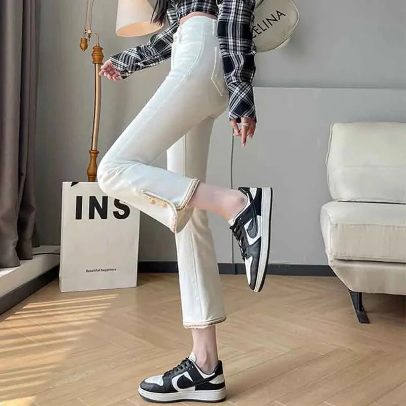 Spring New Flare Imitation Jeans Women Solid Button Zipper Patchwork Pocket Cotton Fashion High Waist Slim Fit Straight Pants
