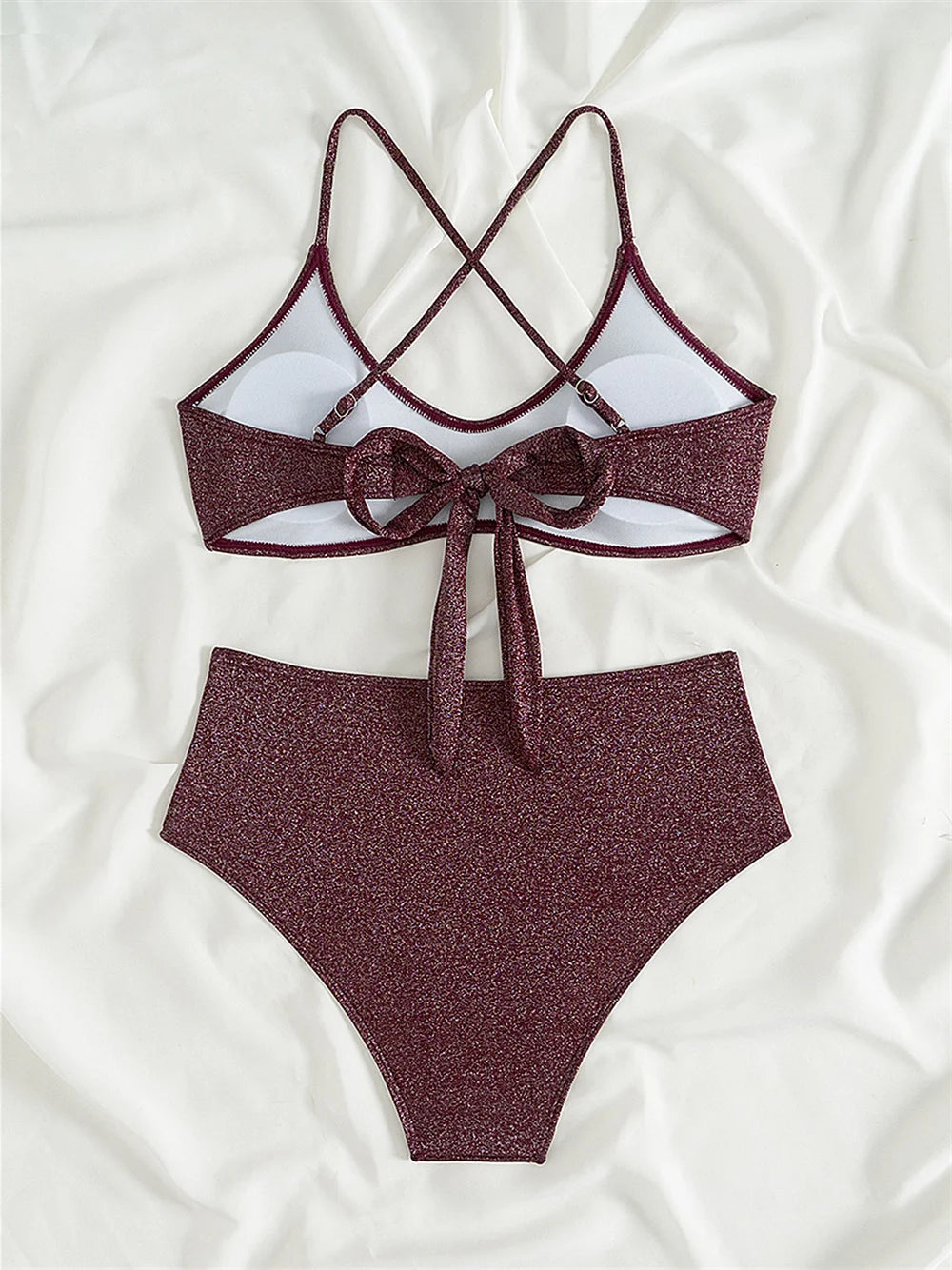 Shiny Bikini Claret Sling Swimsuit Bandage Backless High Waist Swimwear Punk Push Up Beach Outfit Women Bathing Suit Bikinis Set