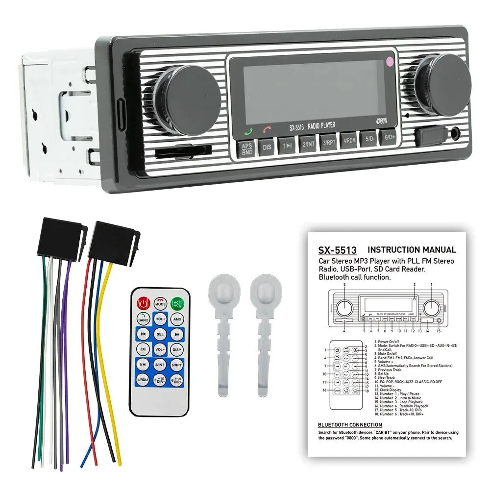 Bluetooth Car Radio Vintage Dual Knob MP3 Player FM Tuner Stereo USB AUX Classic Car Retro Audio Receiver Speaker Accessories