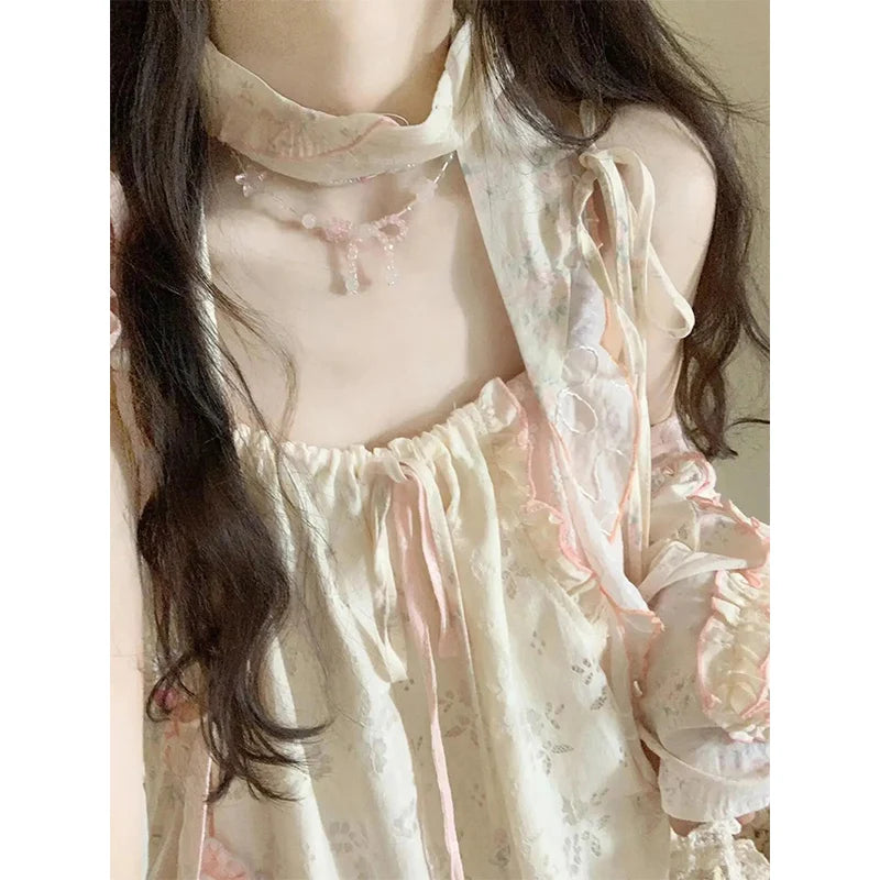 Y2K Irregular Midi Dress Women Japanese Kawaii Floral Print Print Dresses Summer Harajuku Korean Ruffles Patchwork Chic Vestidos