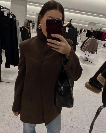 Fashion Solid Color V-neck Stand Collar Suit Jacket Women Single Breasted Long Sleeved Short Coat Lady Daily Casual Outwear New