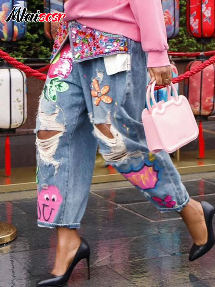 Mlaiscsr Harajuku Print Diamond Patchwork Baggy Jeans Women Mid Waist Button Pocket Denim Wide Leg Pants y2k Birthday Trousers