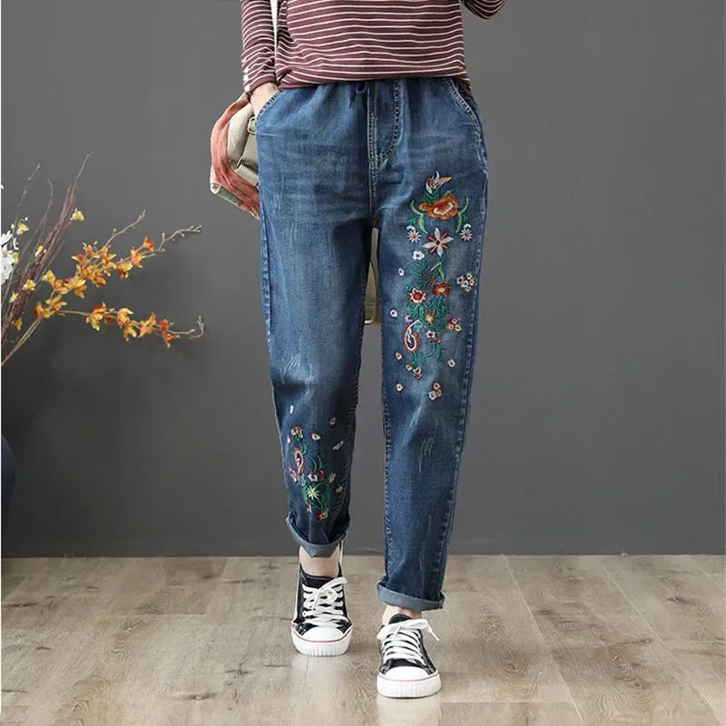 Spring New Embroidery Jeans Women Clothing Elastic Streetwear Loose Denim Pants Vintage High Waisted Baggy Mom Jeans Q5759