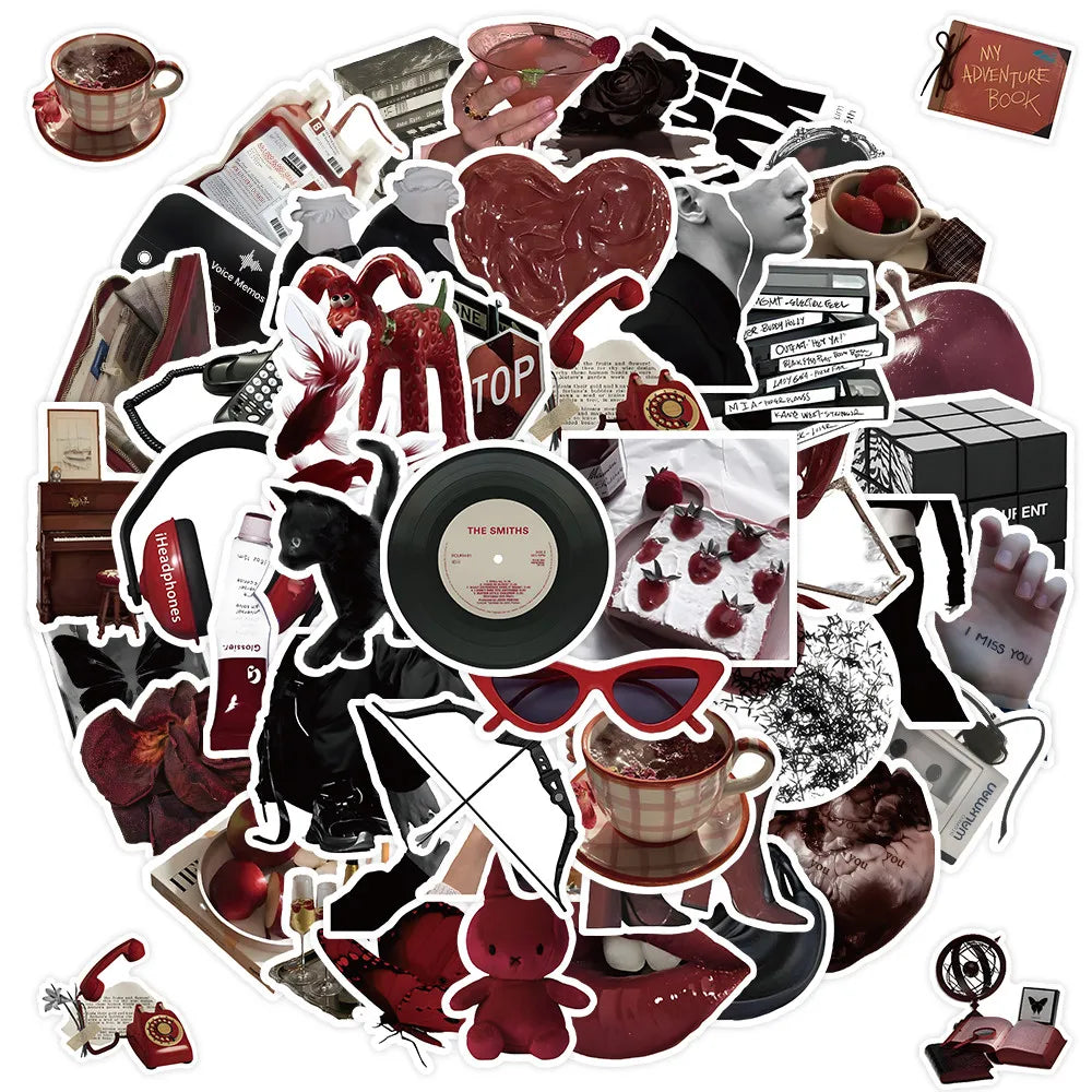 50 Pieces Red & Black Themed Stickers - Decorative Decals for Journals, Phone Cases & Laptops RecordingYourLife Store
