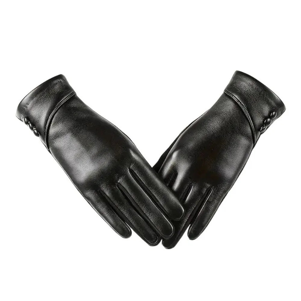 Simple Solid Color Full Finger Mittens Button Thickened Women Leather Gloves Windproof Keep Warm Touch Screen Gloves Outdooor