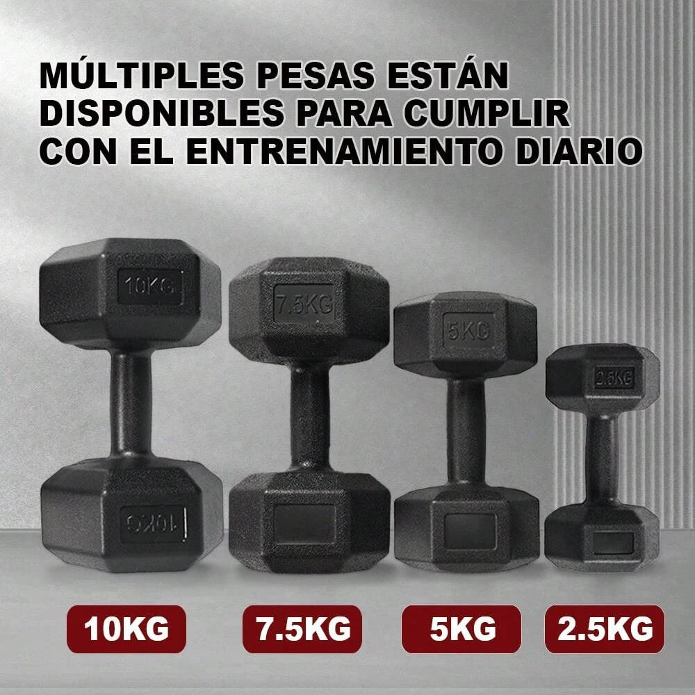 Hex dumbbells, a pair of two dumbbells, weighing 2kg, 5kg, 7.5kg, and 10kg, suitable for strength training and gym workouts