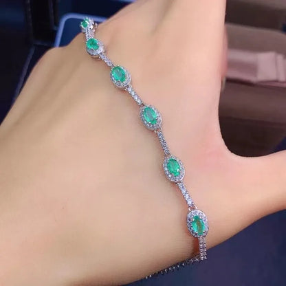 Fine Jewelry 925 Sterling Silver Inset with Gemstones Women's Luxury Vintage Fresh Emerald Hand Bracelet