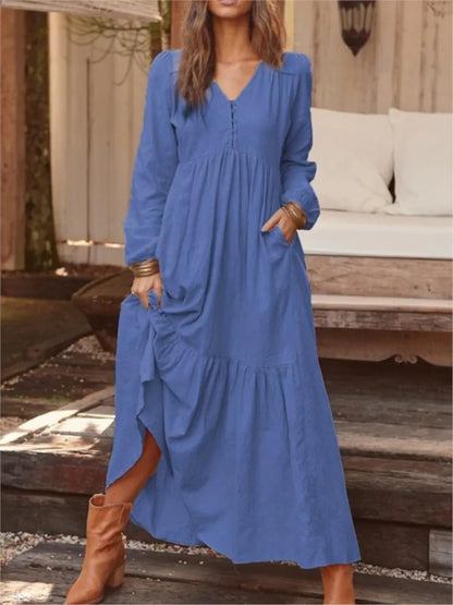Cotton Linen Women Long Dress 2023 New Loose Fashion V-Neck Casual Solid Long Sleeve A-Line Sexy Dresses Elegant Ruffles Vestido