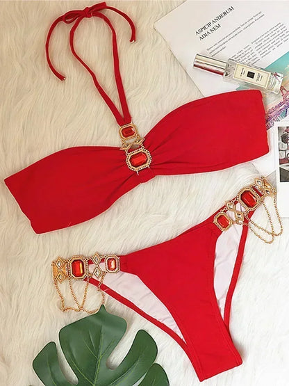 Halter Crystal Rhinestone Diamond Bikini 2025 Female Swimsuit Women Swimwear Two Pieces Bikini set Brazilian Bathing Suit Swim