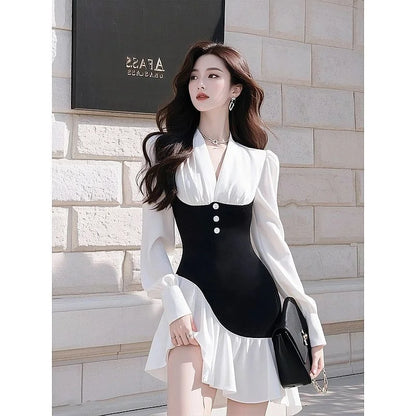 Super Beautiful White Contrasting Shirt Dress For Women Spring 2025 High-End French Waist Cinched Ruffle Edge Professional Dress