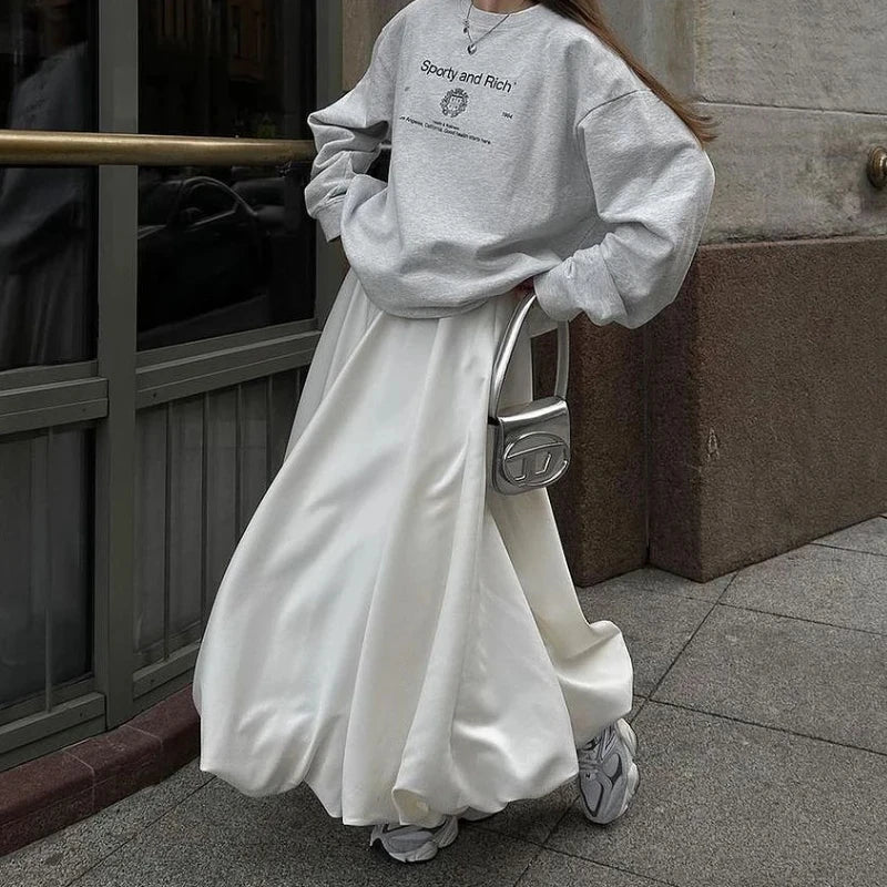 Balloon Skirt Long Women Satin Vintage Loose High Waist A-line Maxi Bubble Skirt Office Lady Elegant Female Y2K Streetwear